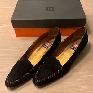 Anne Klein Black Suede 1” heels with colorful edging, wear on soles uppers good!